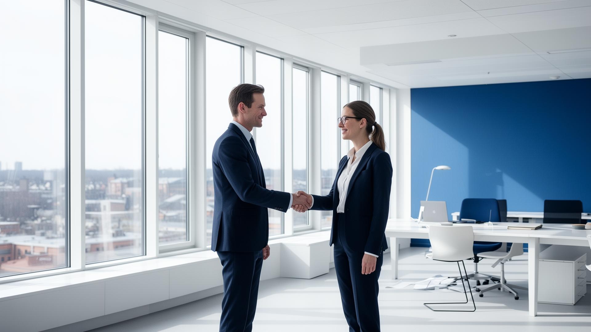 Nordic business professionals shaking hands in a bright modern office